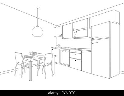 Croquis de l'intérieur de la salle de cuisine. Plan directeur Plan Conception de cuisine avec un mobilier moderne et de l'île Illustration de Vecteur