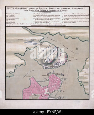 Vintage Maps / Cartes anciennes - croquis de l'action entre les forces britanniques et américaines, les provinciaux sur les hauteurs de la péninsule de Charlestown, le 17 juin 1775 Banque D'Images