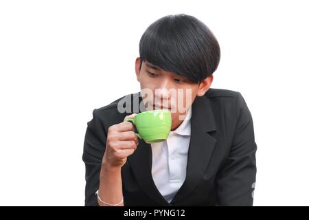 Businessman hand holding a Coffee cup sur fond blanc Banque D'Images