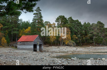 Un hangar au toit rouge sur les rives du Loch Vaa dans les Highlands écossais, prises au cours de l'automne avec les arbres montrant leurs couleurs vives. Banque D'Images