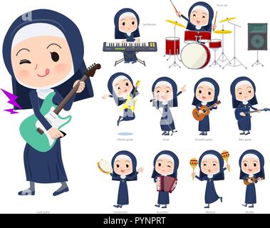 Un ensemble de Nun femmes jouant du rock 'n' roll et la musique pop.Il y a aussi divers instruments tels que l'ukulele et tambourin.Il s'agit d'art vectoriel de sorte qu'il est facile Illustration de Vecteur