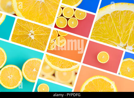 Un collage de plusieurs photos avec des oranges juteuses. Jeu d'images avec des fruits sur des fonds de différentes couleurs Banque D'Images