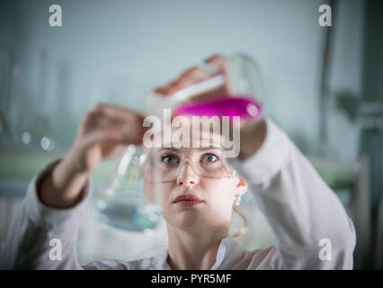 Laboratoire chimique. Jeune femme blonde sur le point de verser un liquide rose dans le bleu. Woman in focus Banque D'Images