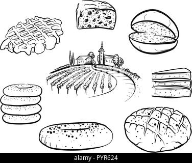 Ensemble d'icônes alimentaire pain dessiné à la main. Contour noir les dessins vectoriels. Illustration de Vecteur