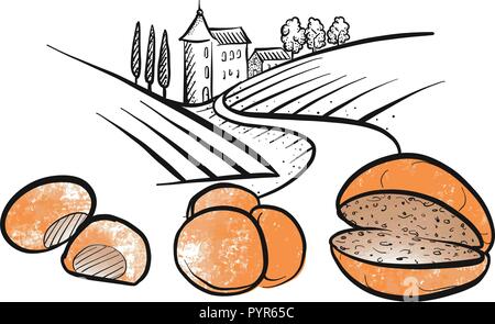 Petits pains à la main avec des icônes du paysage. Vecteur de couleur noire présente et se remplit. Illustration de Vecteur
