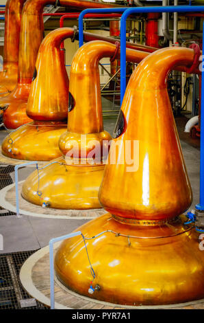 Détail d'une distillerie, alambics en cuivre du processus industriel de la fabrication du whisky Banque D'Images