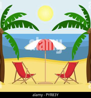 Deux chaises longues avec parasol sur la plage de sable avec des palmiers. Vector illustration. Illustration de Vecteur