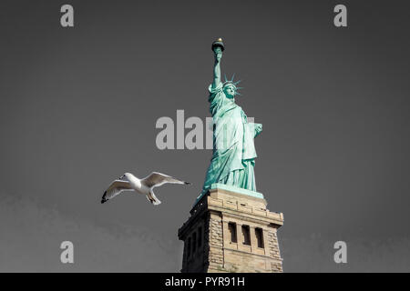 Pigeon en face de la Statue de la liberté à des conditions météorologiques parfaites cuivre ciel bleu Banque D'Images