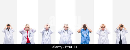 Collage des médecins au fond isolé rayures souffrant de maux désespérés et souligné parce que la douleur et la migraine. Mains sur il Banque D'Images