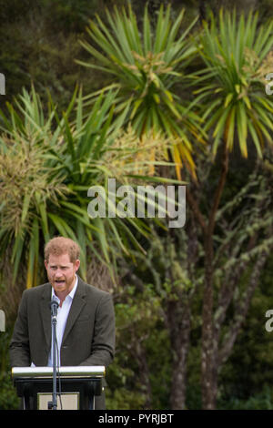 Le duc de Sussex fait un discours à l'inauguration de l'espace de Bush à la reine, de l'auvent du Commonwealth à Redvale sur la Côte-Nord, le troisième jour de la visite du couple royal de la Nouvelle-Zélande. Banque D'Images