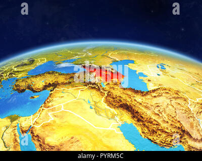 La région du Caucase, sur la planète Terre avec des frontières du pays et très détaillée de la surface de la planète et les nuages. 3D illustration. Éléments de cette image fournie Banque D'Images