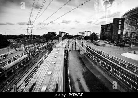 Réseau ferroviaire à Prince Regent DLR Station, London. London, Greater London, Angleterre, Royaume-Uni. Banque D'Images