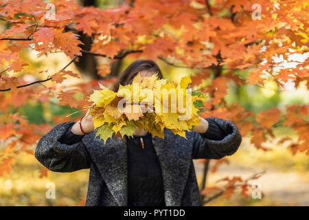 Gros Bouquet d'automne feuilles d'érable jaune close-up en face de visage dans les mains de fille de moins de chênes avec des feuilles. Fond pittoresque naturel Banque D'Images