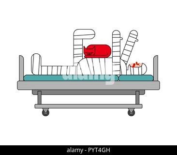 Homme blessé dans lit médical. L'homme dans les bandages. Pansée au chevet des patients. Conséquences de l'accident. Illustration vecteur de médicament Illustration de Vecteur