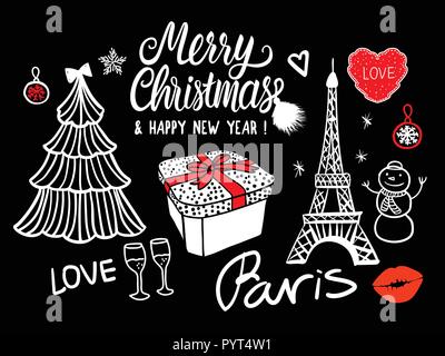 Joyeux Noël et Bonne Année croquis de mode Carte cadeau célébration fort, d'arbres et d'artifice. Hand drawn Vector illustration isolé sur fond noir. Illustration de Vecteur