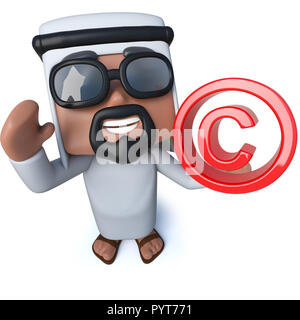 3D render of a funny cartoon cheik Arabe tenant un symbole de copyright Banque D'Images