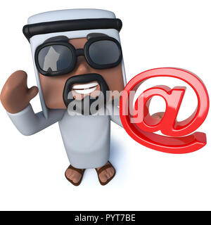 3D render of a funny cartoon cheik Arabe symbole d'une adresse e-mail holding Banque D'Images