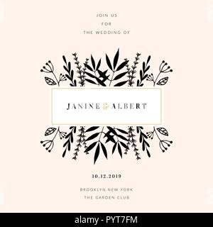 Modèle de conception de l'invitation de mariage avec floral frame, exemples de mise en page de texte en noir et or, fond rose pastel. Illustration de Vecteur