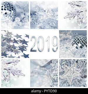 En 2019, silver christmas ornaments collage square carte de souhaits Banque D'Images