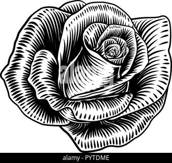 Fleur Rose Style gravure sur bois Illustration de Vecteur