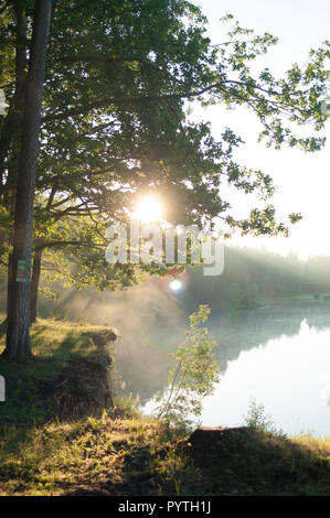 Belle matinée ensoleillée. Brouillard blanc établit sur la rivière. Banque D'Images