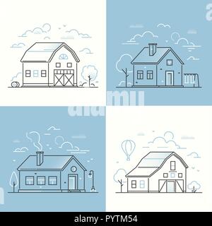Cottage houses - ensemble de ligne fine style design illustrations vectorielles Illustration de Vecteur