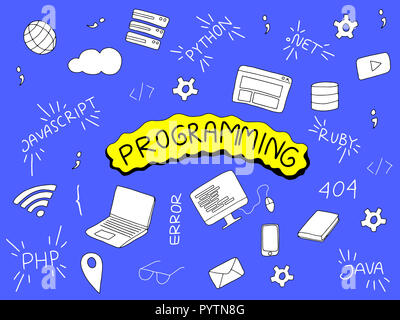 Illustration avec doodle programmation programmer tools et langage populaire Banque D'Images