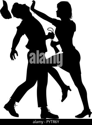 Editable vector silhouette d'une femme se défendre d'un homme essayant d'attraper son sac Illustration de Vecteur