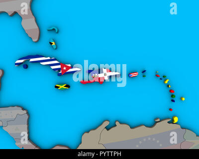 Caraïbes avec des drapeaux nationaux sur blue globe 3D politique. 3D illustration. Banque D'Images