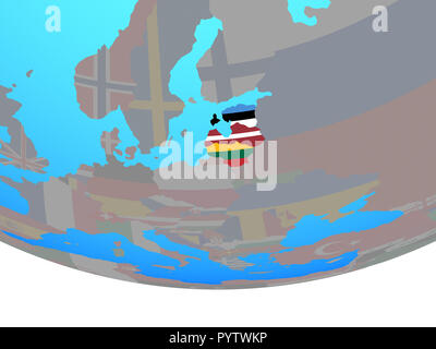 États baltes avec drapeaux nationaux sur globe politique simple. 3D illustration. Banque D'Images
