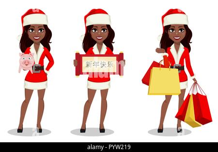 Femme afro-américaine à Santa Claus costume, ensemble de trois poses. Personnage détient piggy, détient et défilement détient les sacs. Tran lettrage Illustration de Vecteur