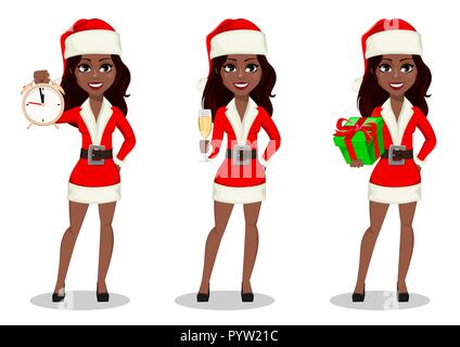 Joyeux Noël et Bonne Année. Femme afro-américaine à Santa Claus costume, ensemble de trois poses. Personnage détient réveil, est titulaire d'un gl Illustration de Vecteur