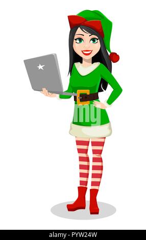Joyeux Noël et Bonne Année. Belle femme en costume d'Elf. Dame Santa Helper personnage est titulaire d'ordinateur portable. Vector illustration Illustration de Vecteur