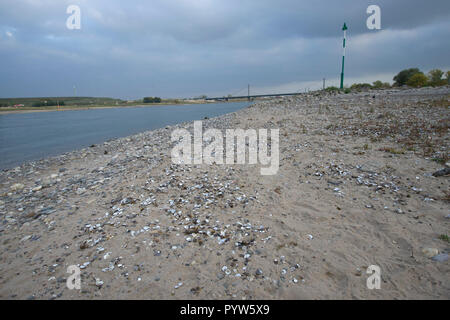 Leverkusen, Allemagne. 30Th Oct, 2018. Le Rhin à marée basse, dans l'arrière-plan le pont et le Bayer Leverkusen, l'usine Centres Chempark, au premier plan une banque de gravier, de sable, de coquillages, de faibles niveaux d'eau dans le Rhin, le faible niveau d'eau permet aux bateaux de marchandises d'un seul disque avec moins de marchandises, utilisée dans le monde entier : dpa Crédit/Alamy Live News Banque D'Images