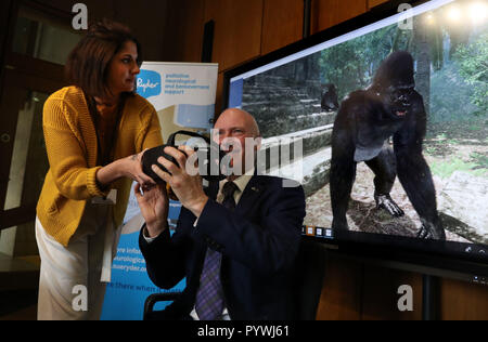 Joe FitzPatrick du ministre de la santé publique, le sport et le bien-être avec Ludothérapeute Kirsty Fraser de Sue Ryder alors qu'il tente une expérience de réalité virtuelle au Parlement écossais lors d'un événement organisé par Lewis Macdonald MSP dans l'aide de Sue Ryder charity qui opère Dee voir un spécialiste - centre de soins neurologiques à Aberdeen. Banque D'Images