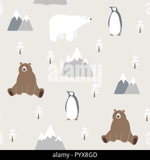Noël mignon motif transparente avec l'ours, ours polaire, pingouin, sapins et montagnes. Hand drawn kids design nordique. Vecteur d'hiver. Illustration de Vecteur