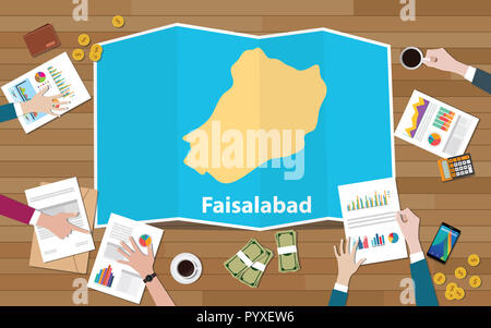 Faisalabad Punjab Pakistan région ville croissance de l'économie avec l'équipe de discuter sur l'affichage Cartes de haut vector illustration Banque D'Images