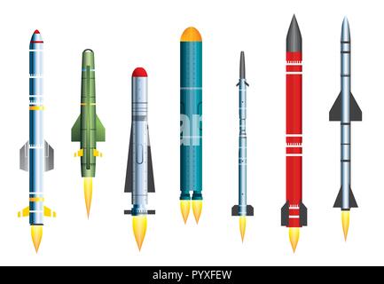 Fusée Missile militaire isolé sur blanc. Vector Illustration. Fusée balistique intercontinental avec bombe nucléaire. Sol-air et air-air miss Illustration de Vecteur