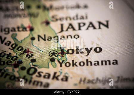 Libre de Tokyo, Japon sur une carte du monde. Banque D'Images