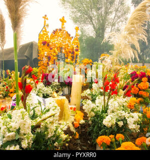 Des fleurs et des bougies décorer une tombe le jour de la mort à Tzintzuntzan, Michoacan, Mexique. Banque D'Images