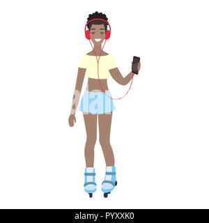 African American female college student écouter la musique au casque. Happy young girl du roller et de l'écoute audio. Illustration de Vecteur