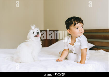 Adorable petit enfant avec bichon dog sitting on bed and looking away Banque D'Images