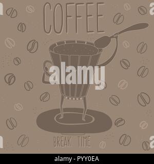 tasse à café avec café et l'espace vole sur un vol soucoupe avec une cuillère sur fond marron Illustration de Vecteur