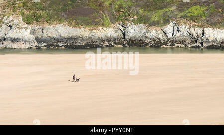 Une vue panoramique d'un chien lointain walker et un chien marche sur plage de Crantock en Newquay en Cornouailles. Banque D'Images