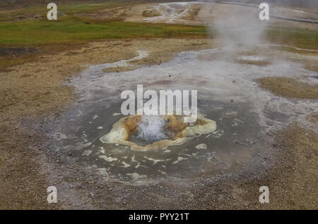 La vapeur chaude en provenance de l'eau bouillante dans le centre de l'Islande dans le domaine de l'énergie géothermique de Hveravellir. Banque D'Images