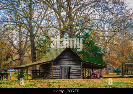 Les feuilles d'automne offrent une toile de fond pittoresque pour l'une des granges rustique situé dans le camp français , Mississippi. Banque D'Images