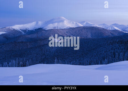 Vue sur le sommet de la montagne. Paysage d'hiver sombre. Forêt de sapins et Ridge dans la neige Banque D'Images