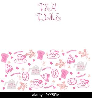 Vector illustration of tea time set avec lettrage. L'heure du thé design sur fond blanc avec tasse de thé, thé, gâteaux, beignets. Conception pour poster, carte, l Illustration de Vecteur