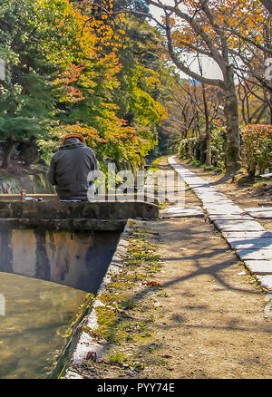 Kyoto, Japon - 2010 : La promenade du philosophe à Kyoto au cours de l'automne avec un homme assis mon le canal dans l'arrière-plan Banque D'Images