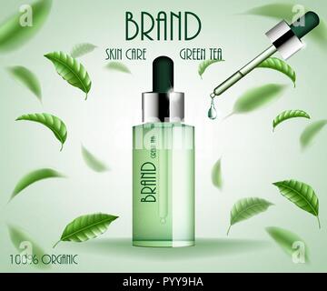 Annonces cosmétiques traitement modèle. Thé vert bouteille de sérum de soin de peau avec les feuilles de thé et l'essence baisse. Produit cosmétique 3d illustration design Illustration de Vecteur